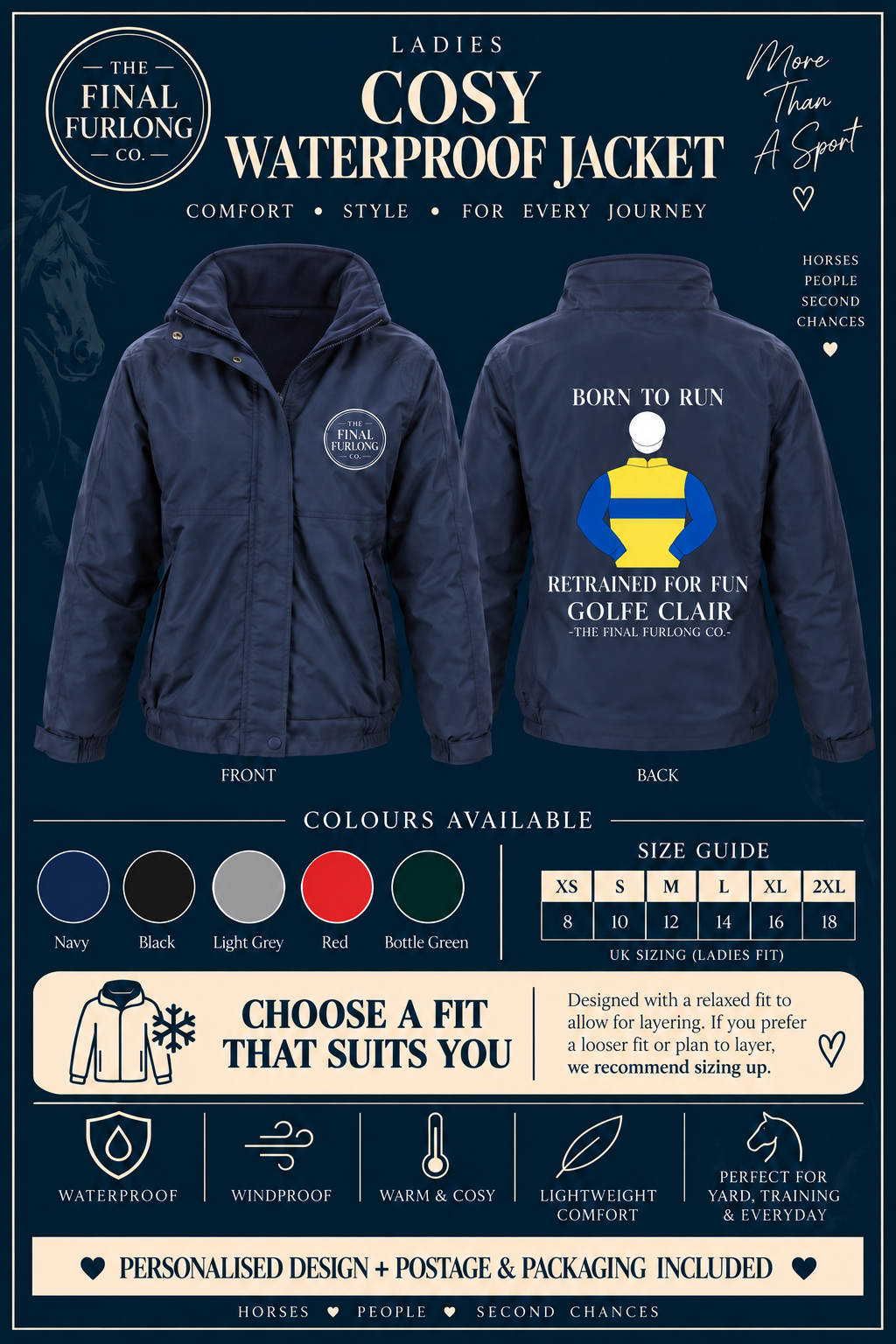 Personalised Ex-Racehorse Ladies Cosy Waterproof Jacket